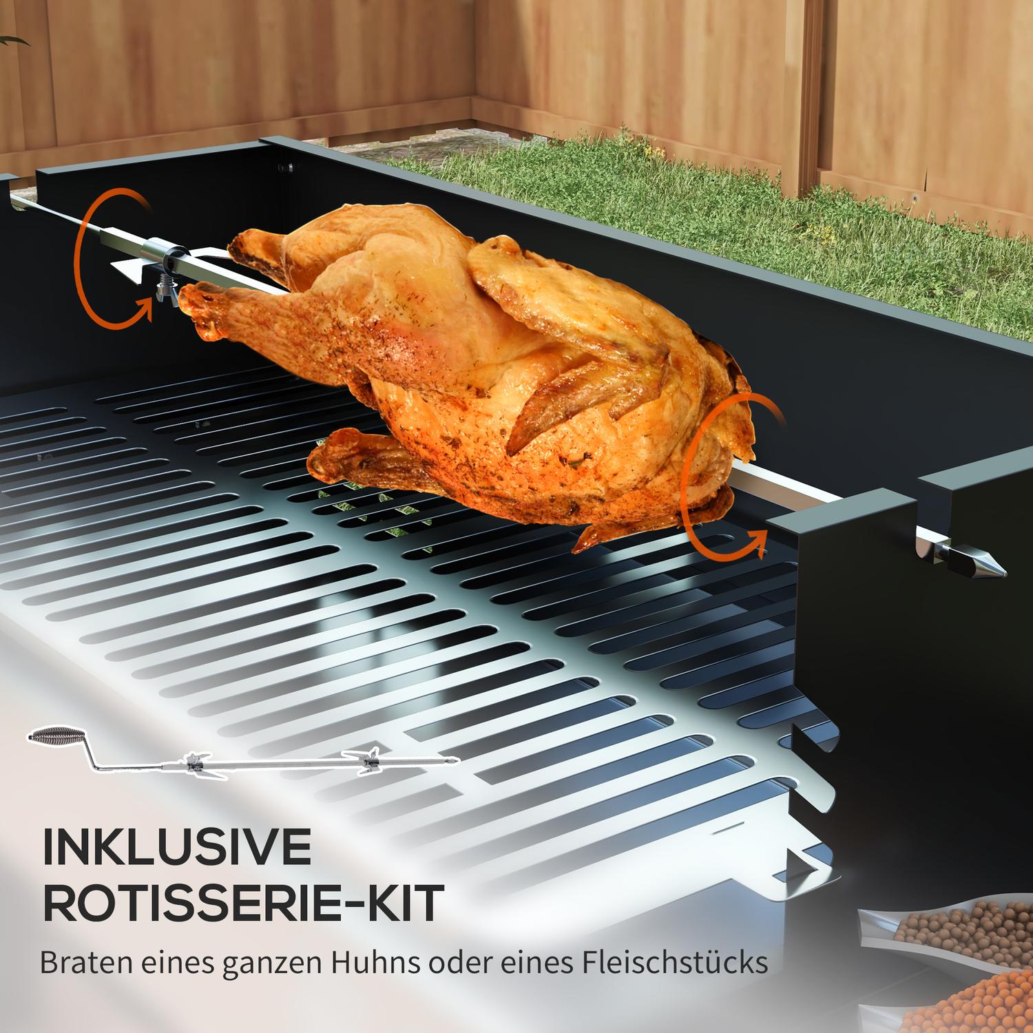 Vikbar kolgrill i rostfritt stål med rotisseriesats