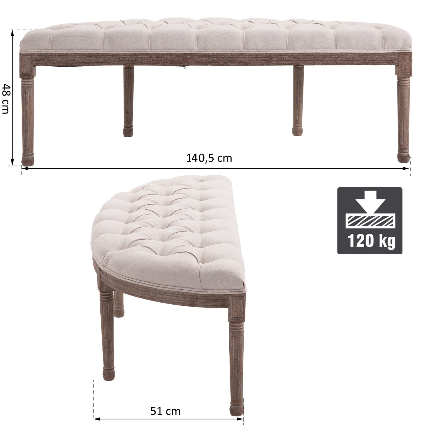 Vintage beige gestoffeerde bank, linnen & hout, 140,5 cm