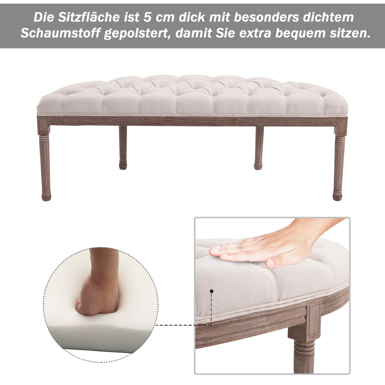 Vintage beige gestoffeerde bank, linnen & hout, 140,5 cm