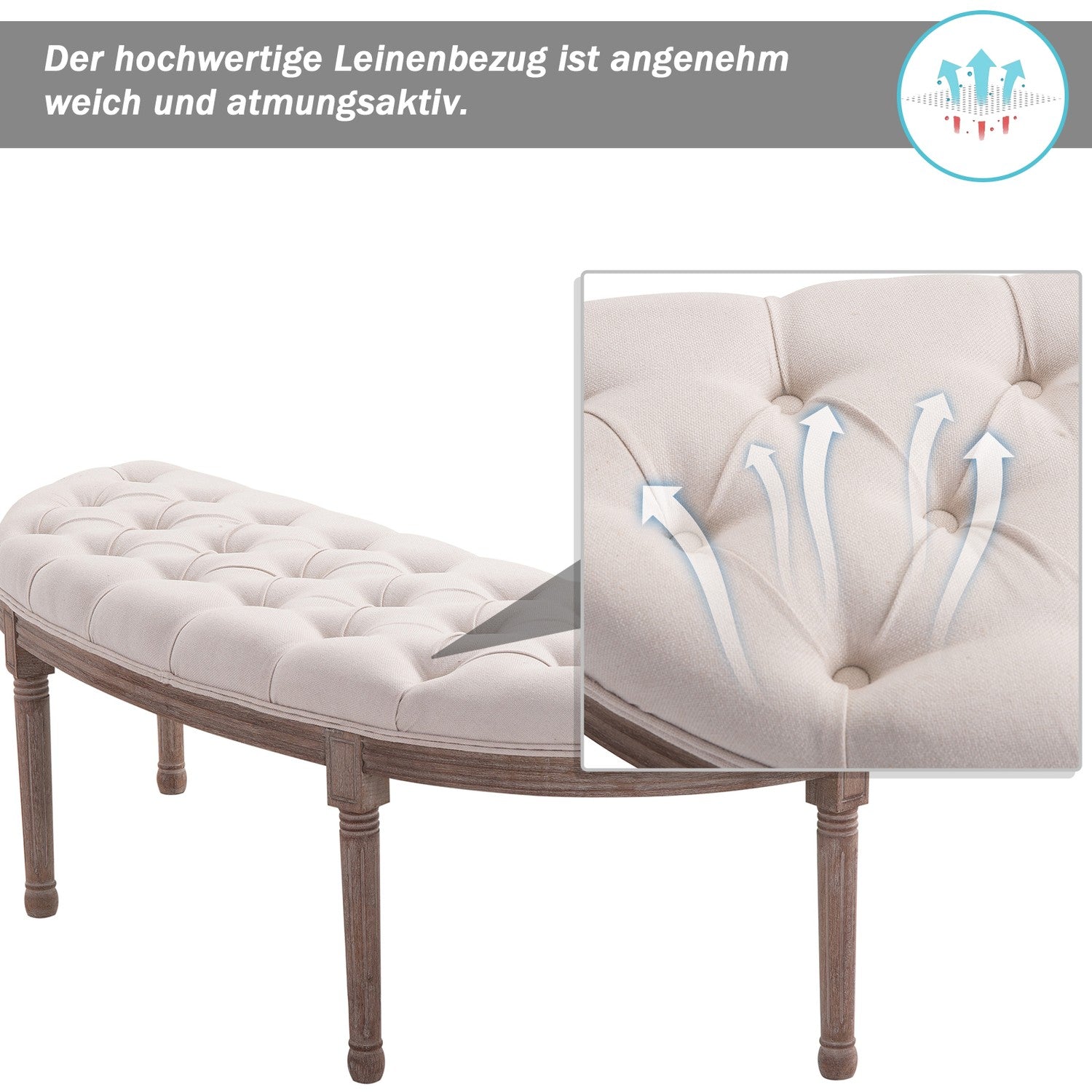 Vintage beige gestoffeerde bank, linnen & hout, 140,5 cm