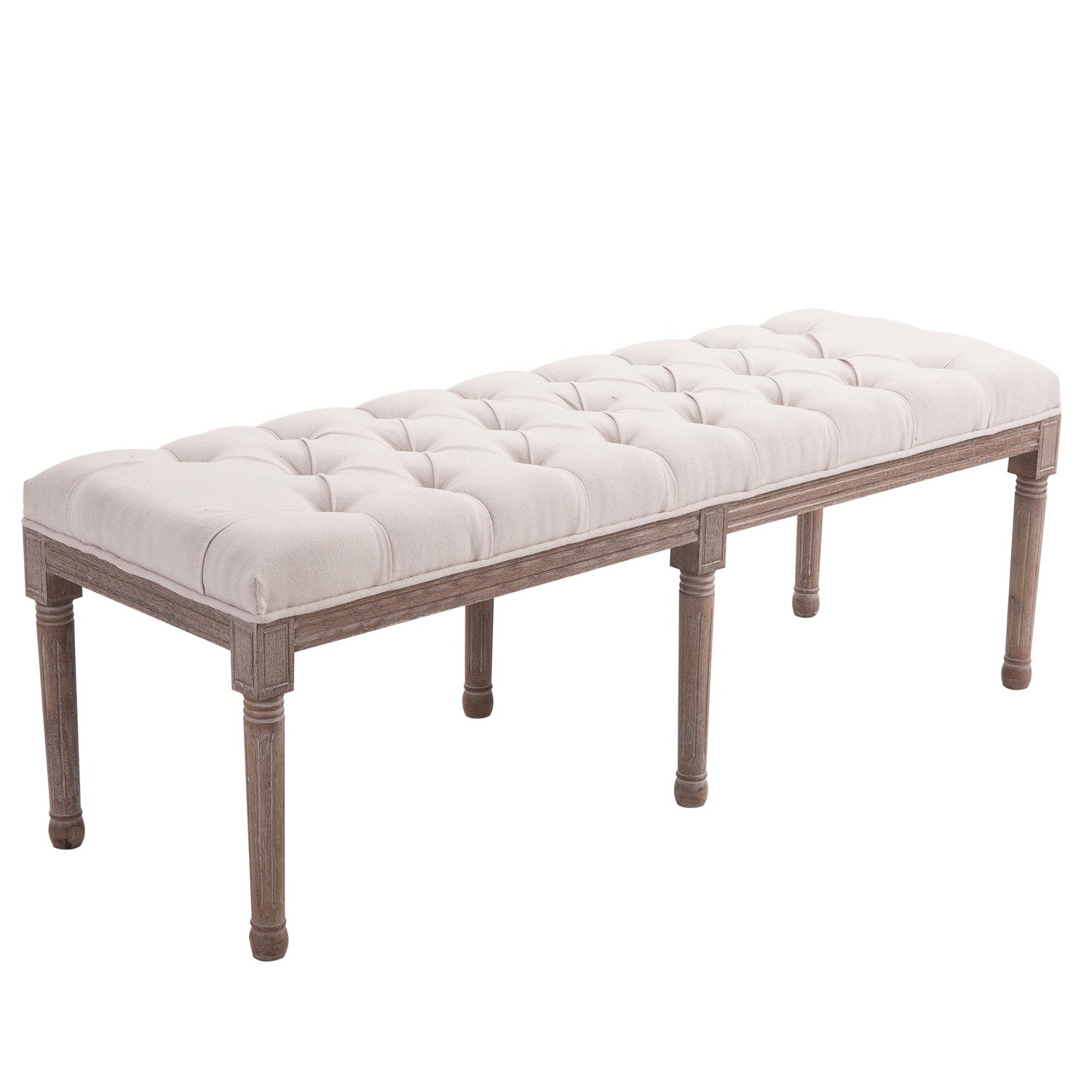 Vintage beige gewatteerde bank, linnen & hout, 142cm