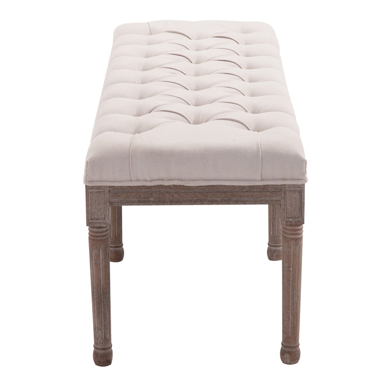 Vintage beige gewatteerde bank, linnen & hout, 142cm