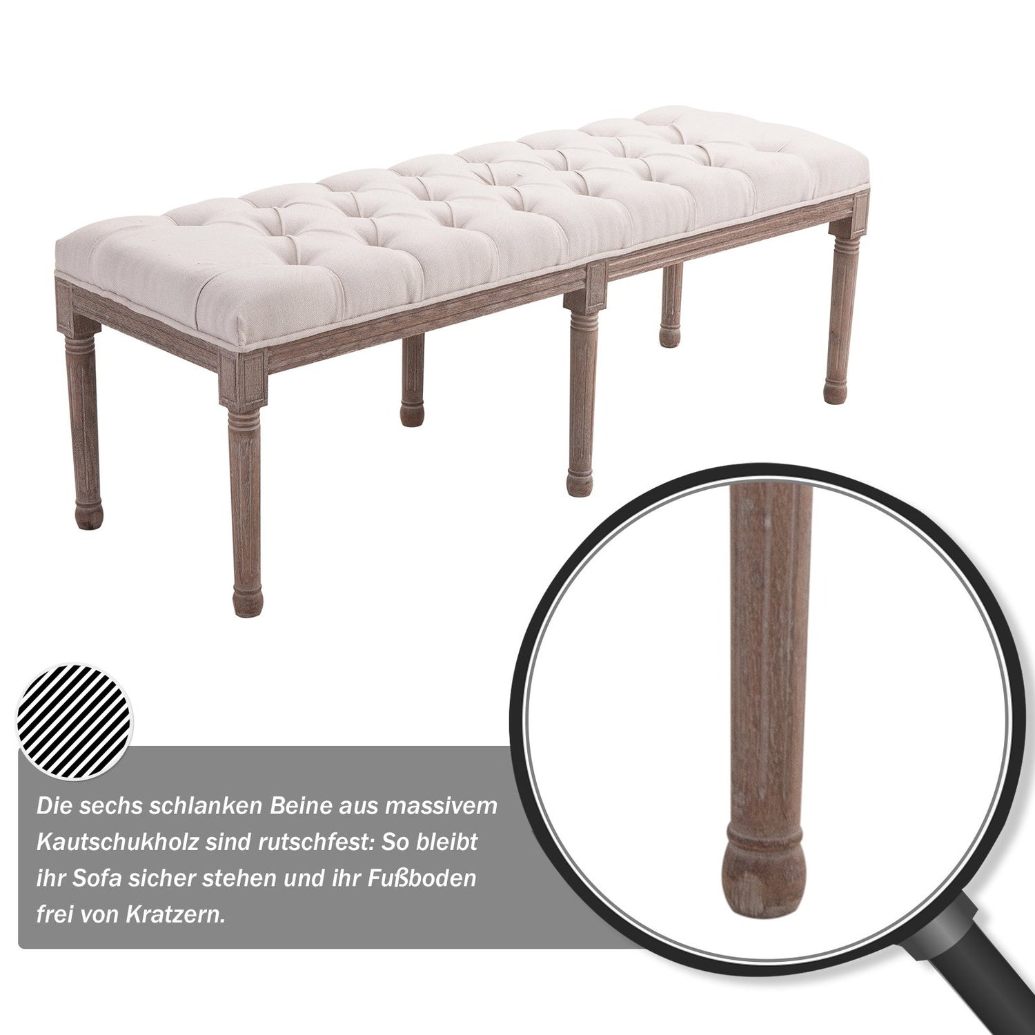 Vintage beige gewatteerde bank, linnen & hout, 142cm