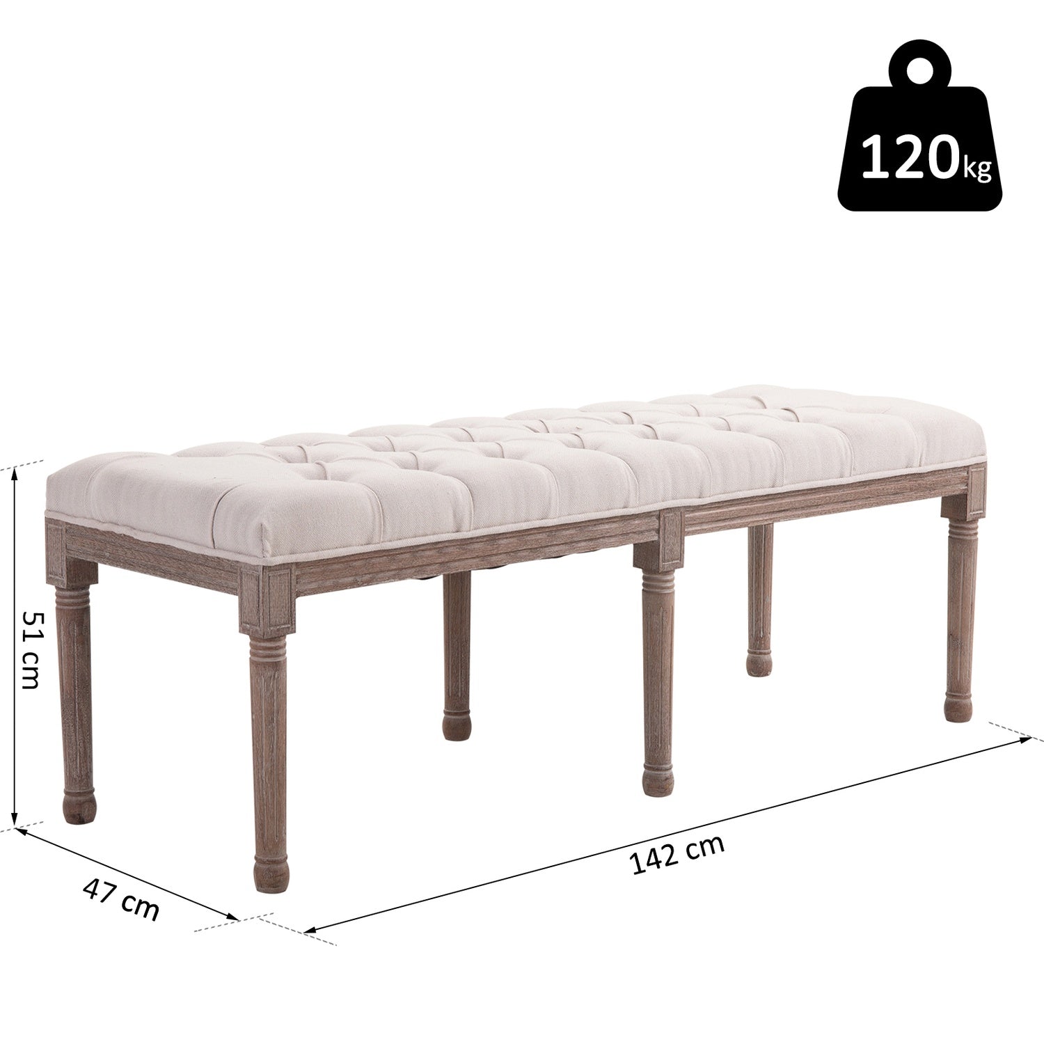 Vintage beige gewatteerde bank, linnen & hout, 142cm
