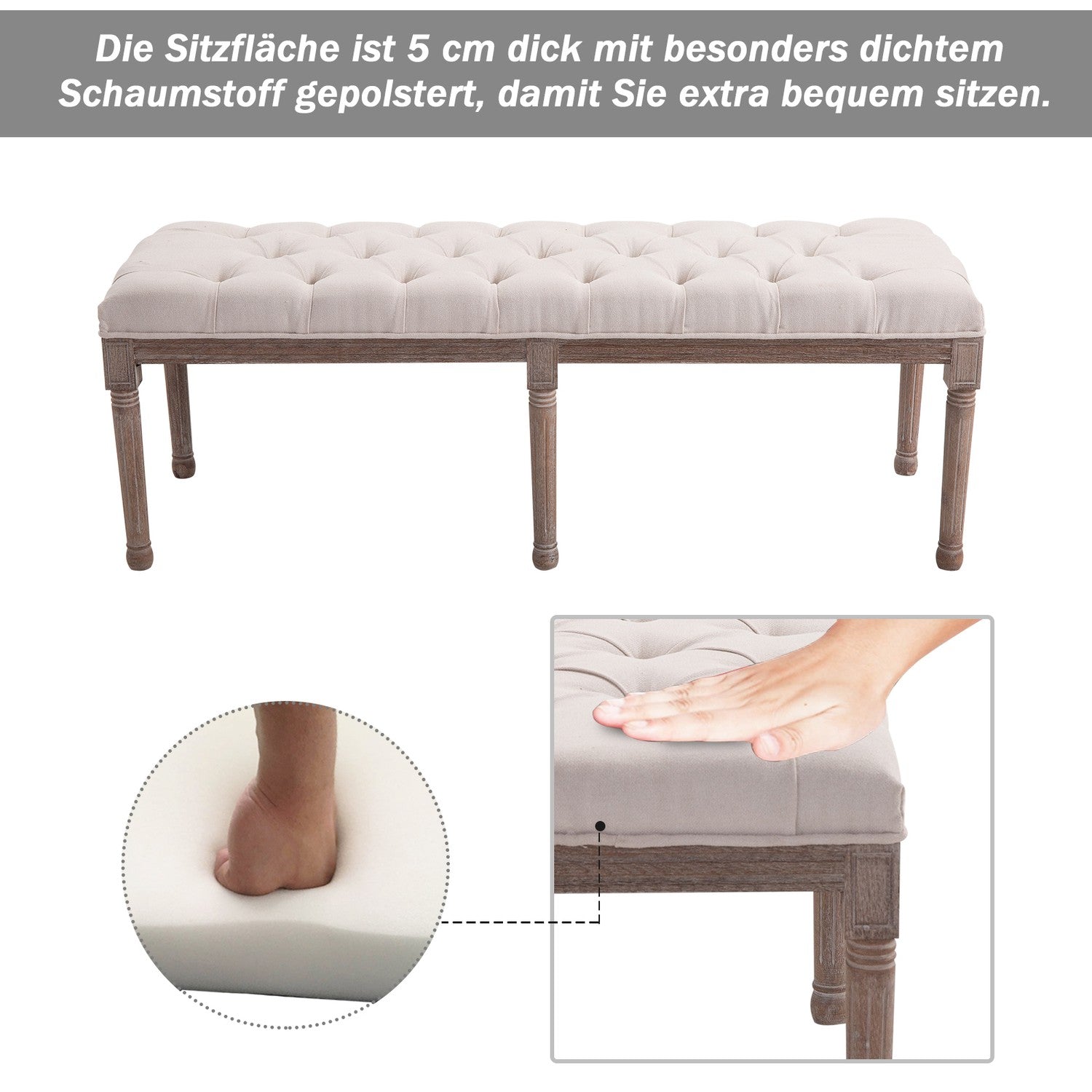 Vintage beige gewatteerde bank, linnen & hout, 142cm