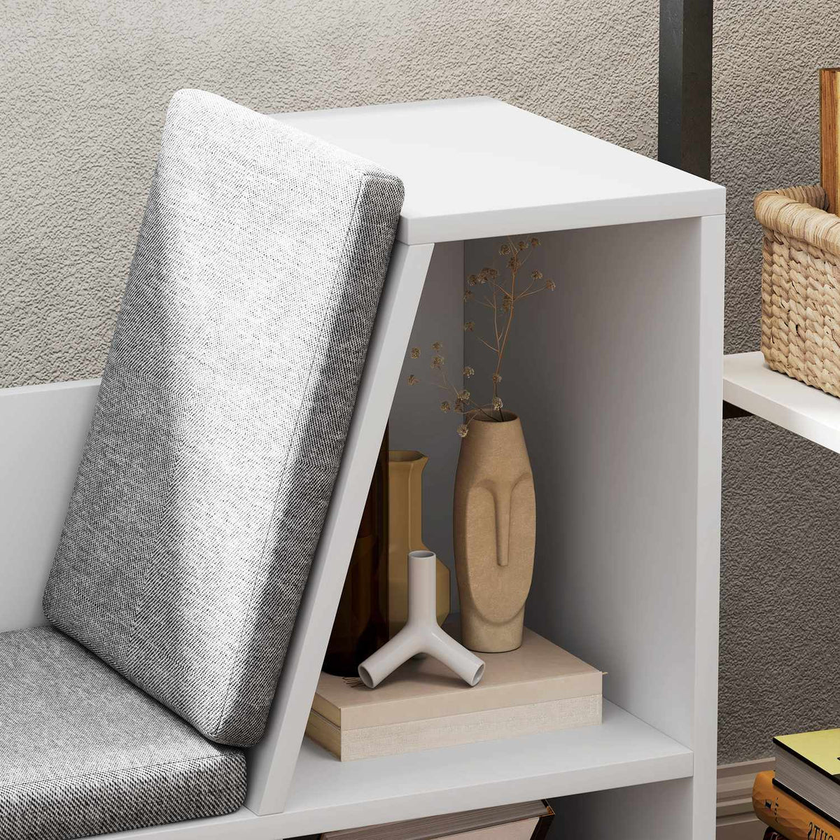 Witte boekenkast met zitkussen – Opbergrek met 6 vakken