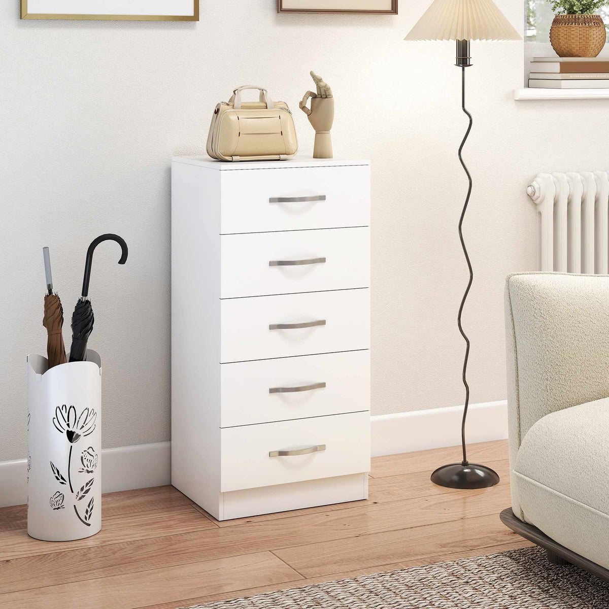 Witte ladekast met 5 laden, spaanplaat, ruimtebesparend ontwerp