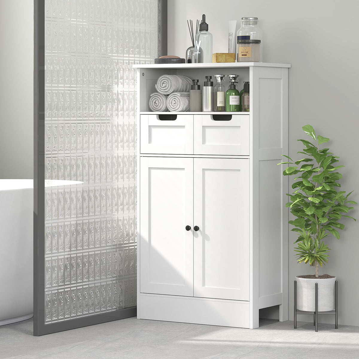 Witte badkamerkast, verstelbare plank, 2 lades