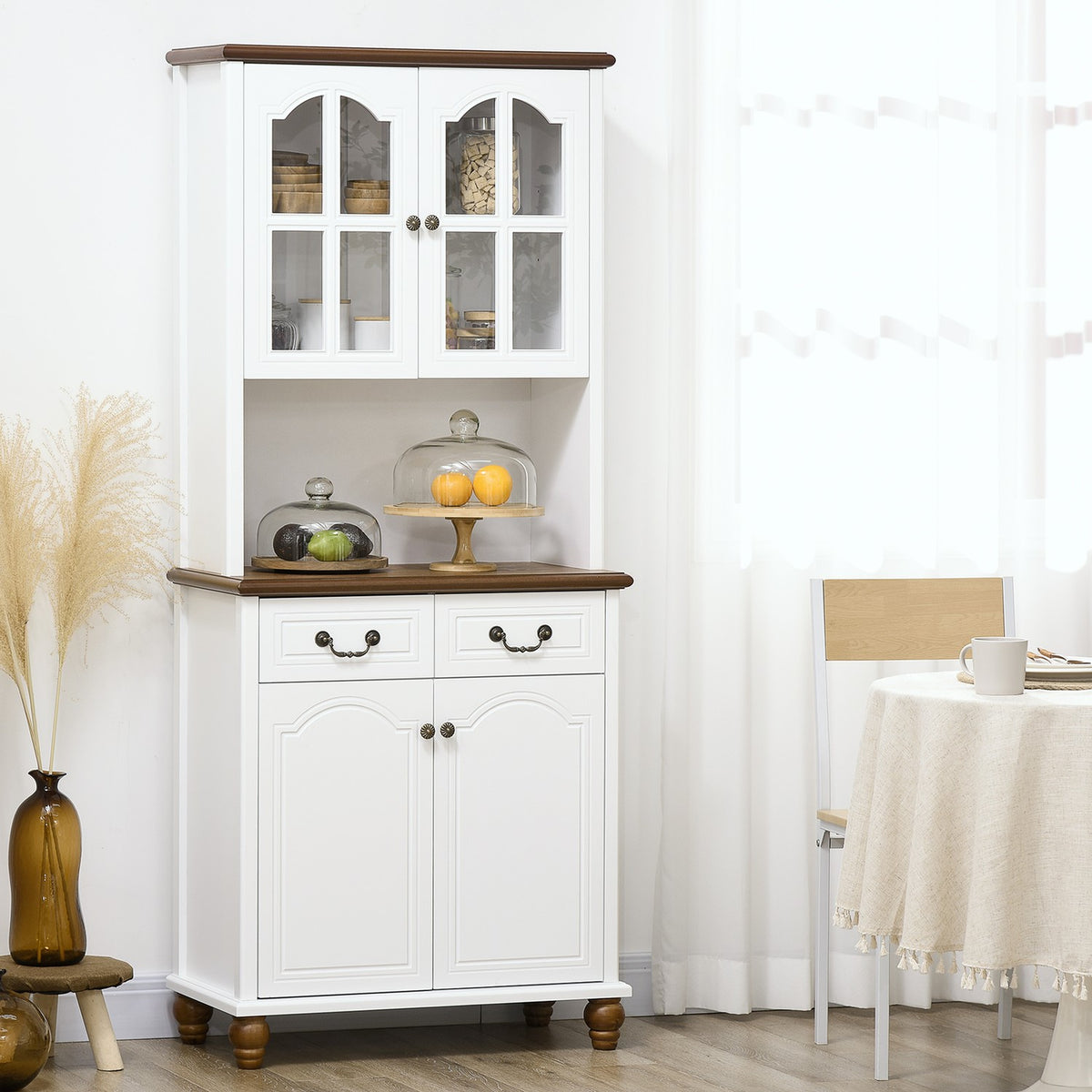 Witte hoge keukenkast – 2 laden, open vitrine, softclose