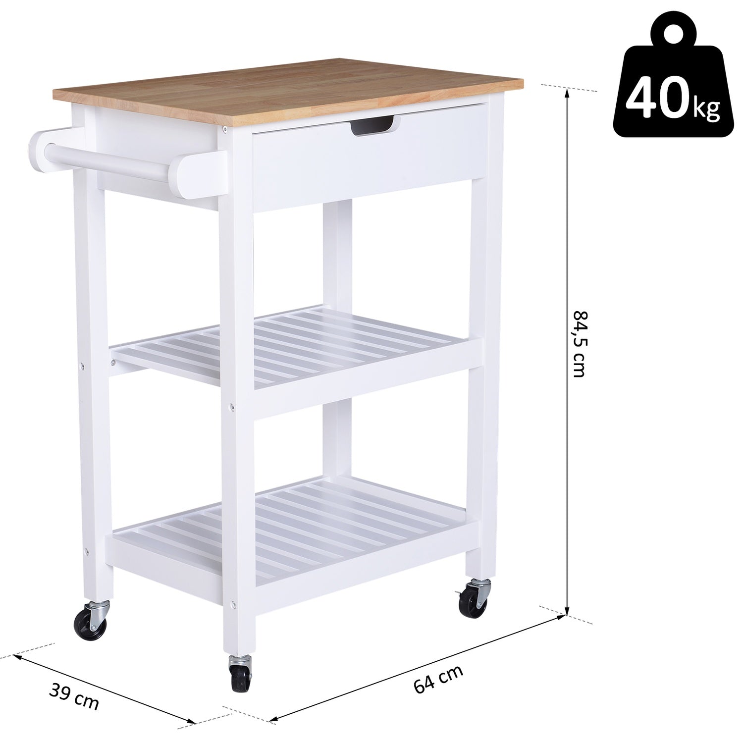 Witte houten keukentrolley met lade, 64x39x84,5 cm