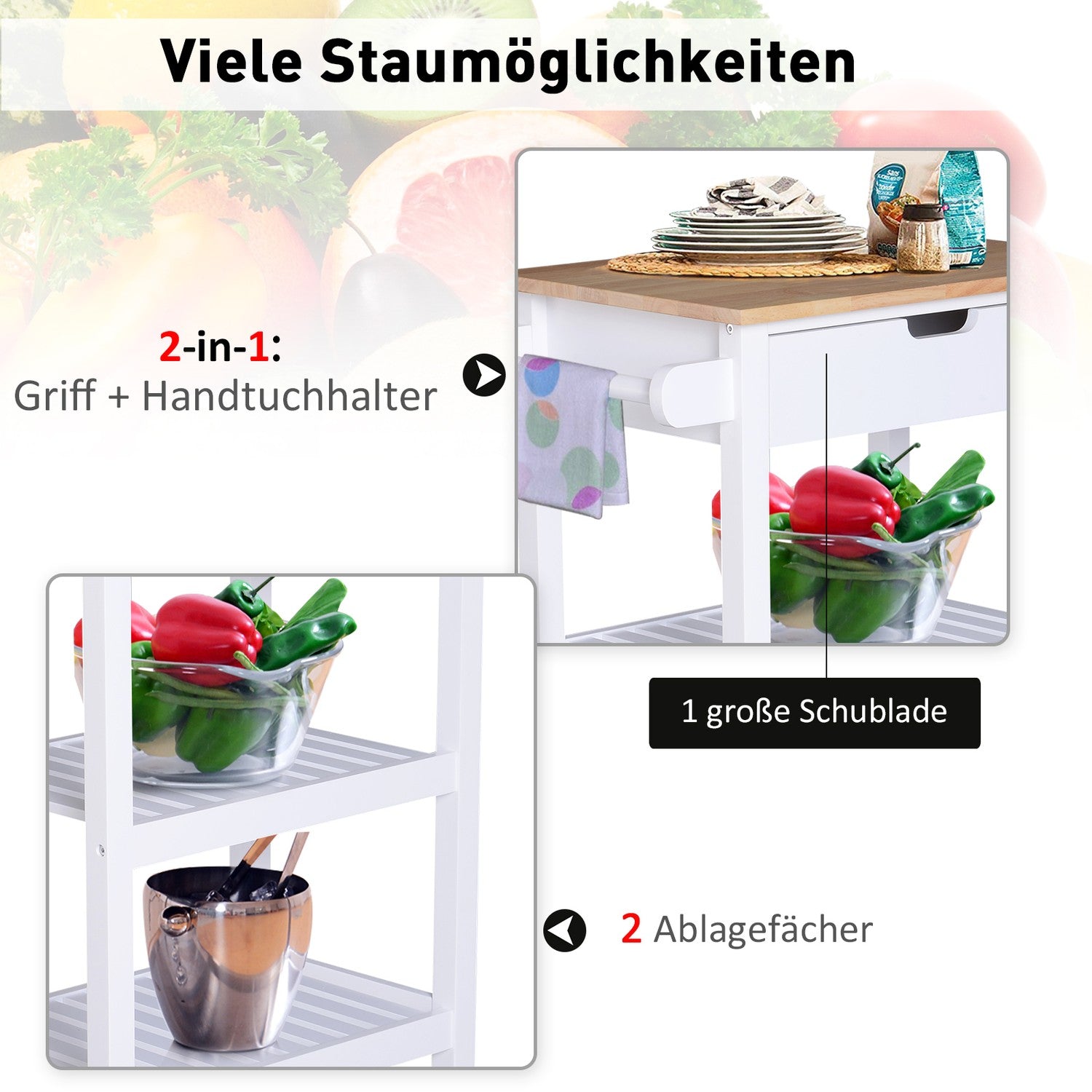 Witte houten keukentrolley met lade, 64x39x84,5 cm