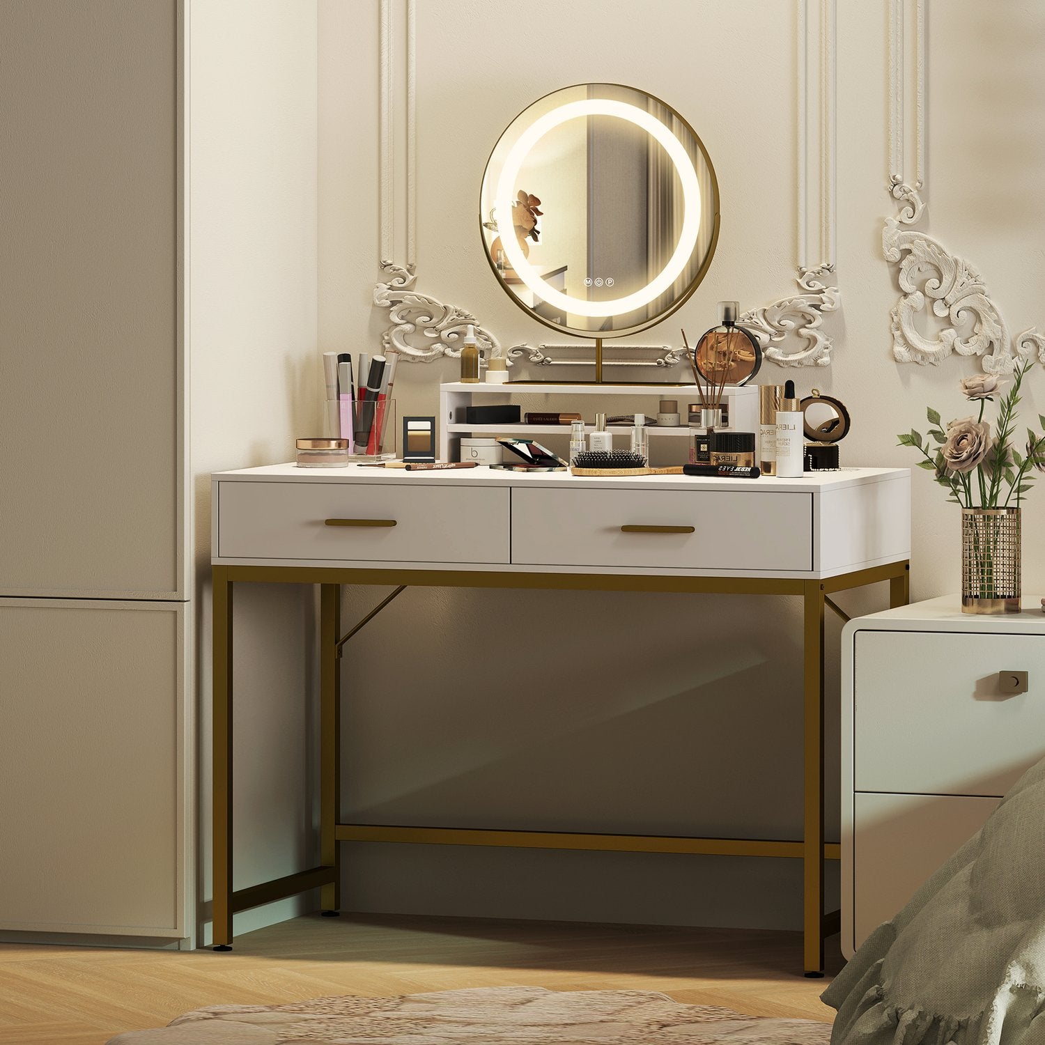 Witte kaptafel met LED-spiegel en opberglades