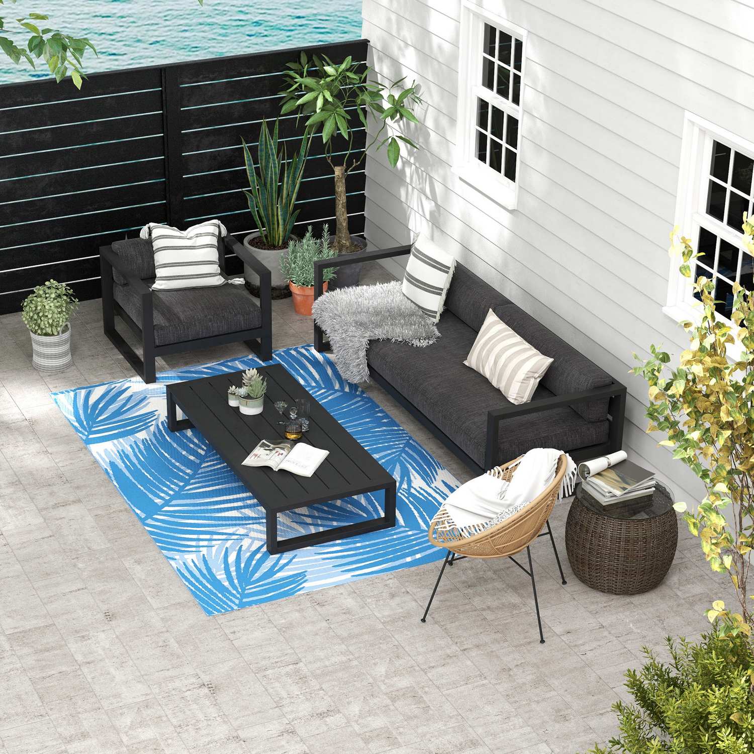 Omkeerbaar buitenkleed met tas, 182x274cm, blauw