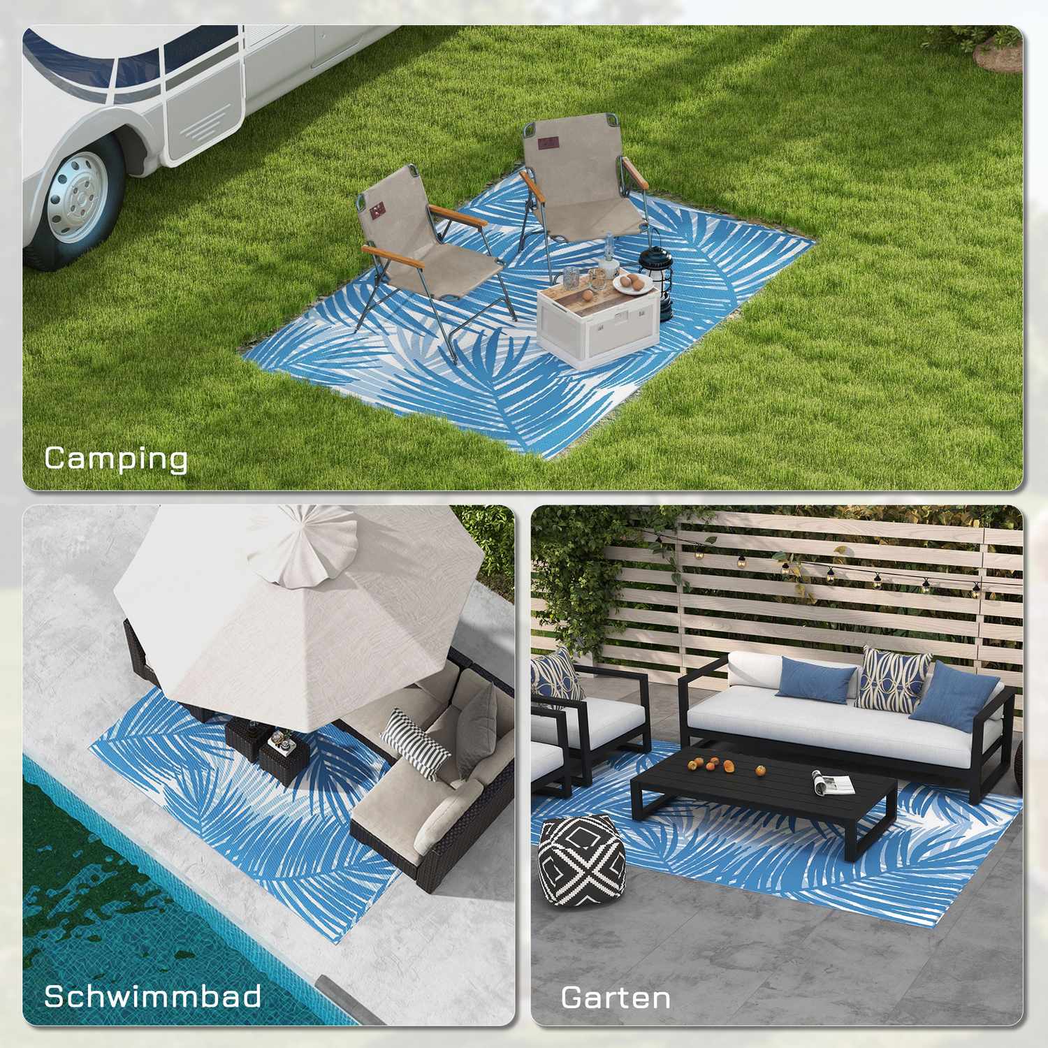 Omkeerbaar buitenkleed met tas, 182x274cm, blauw
