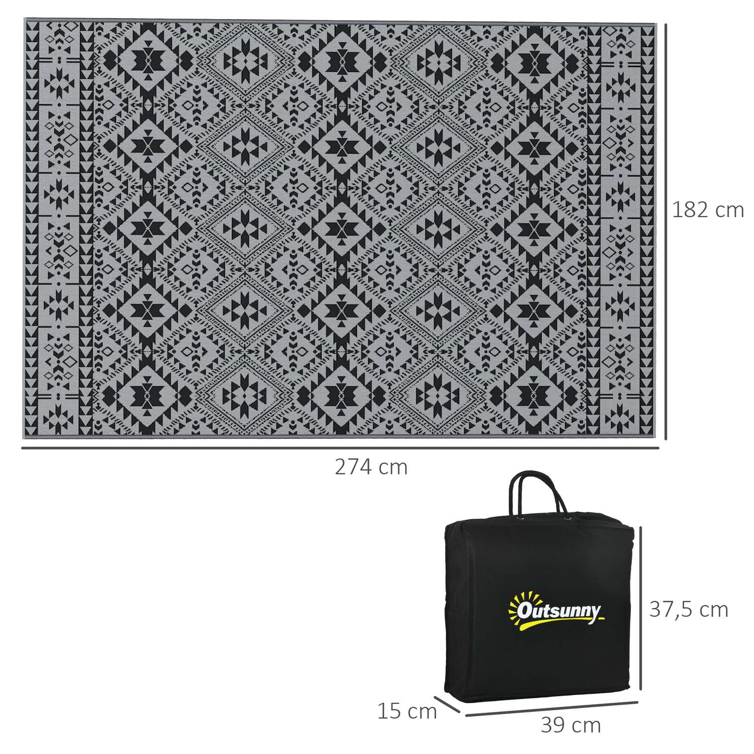 Keerbaar buitenkleed, waterafstotend, 182x274cm, zwart/grijs
