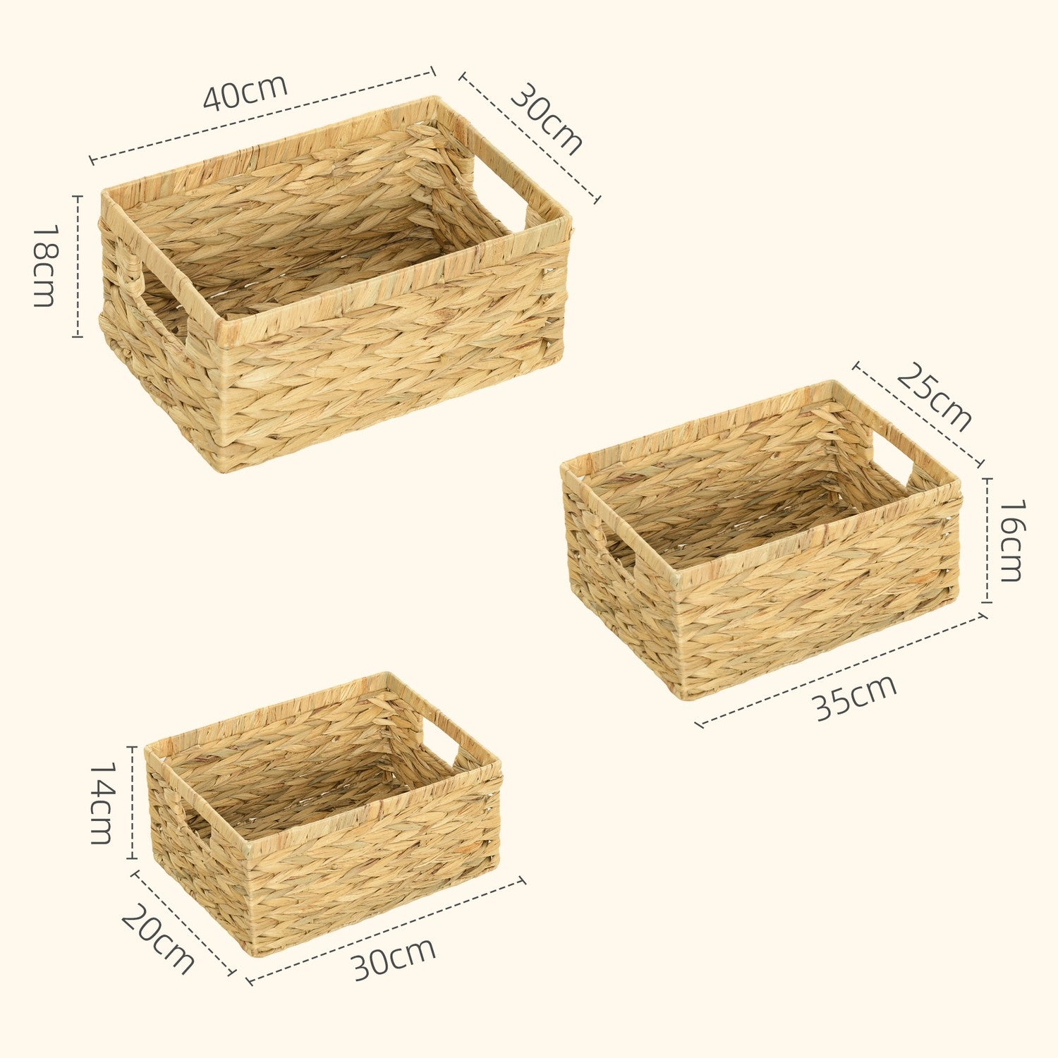 Geweven waterhyacint opbergmanden, set van 3, 40x30x18 cm