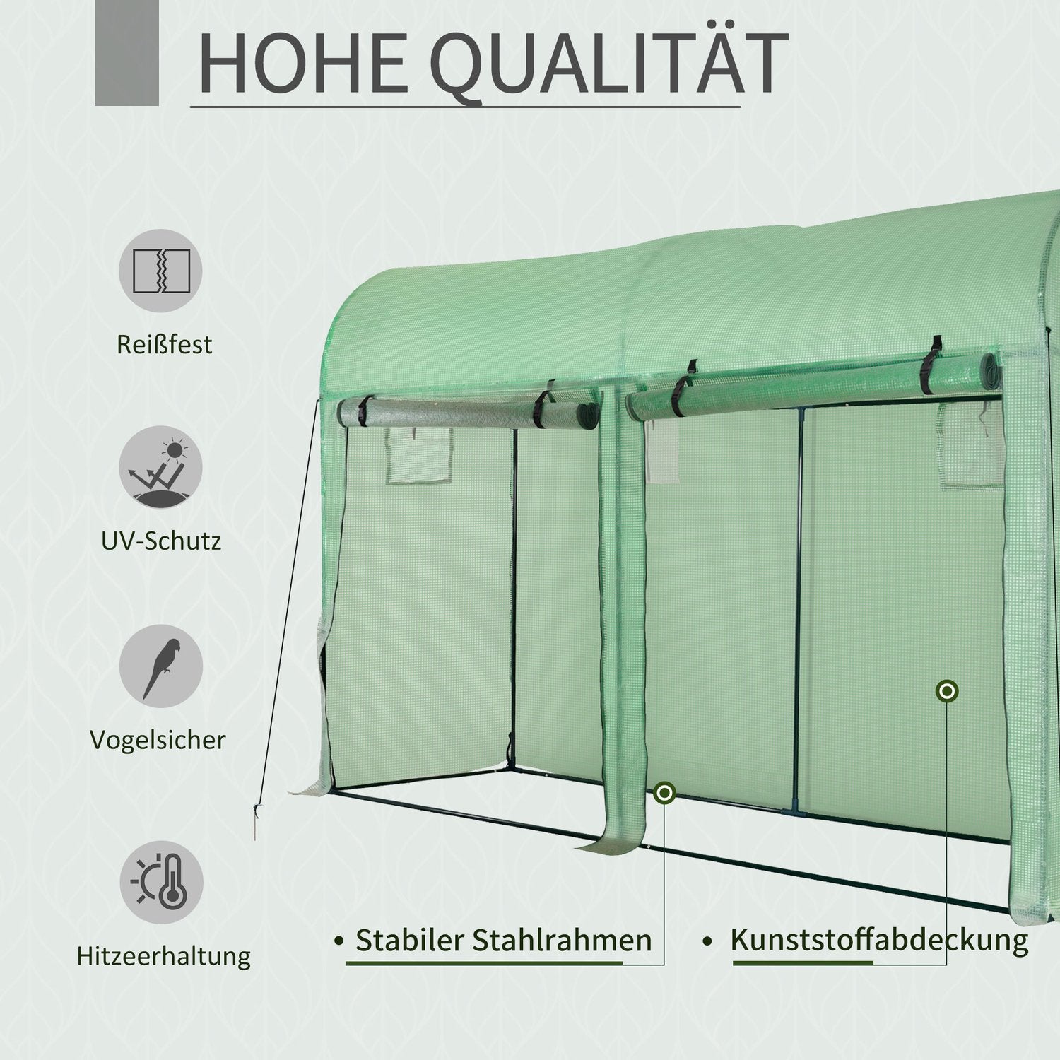 Växthus 300x100x200 cm, PE Plast, Stålstomme, 4 fönster
