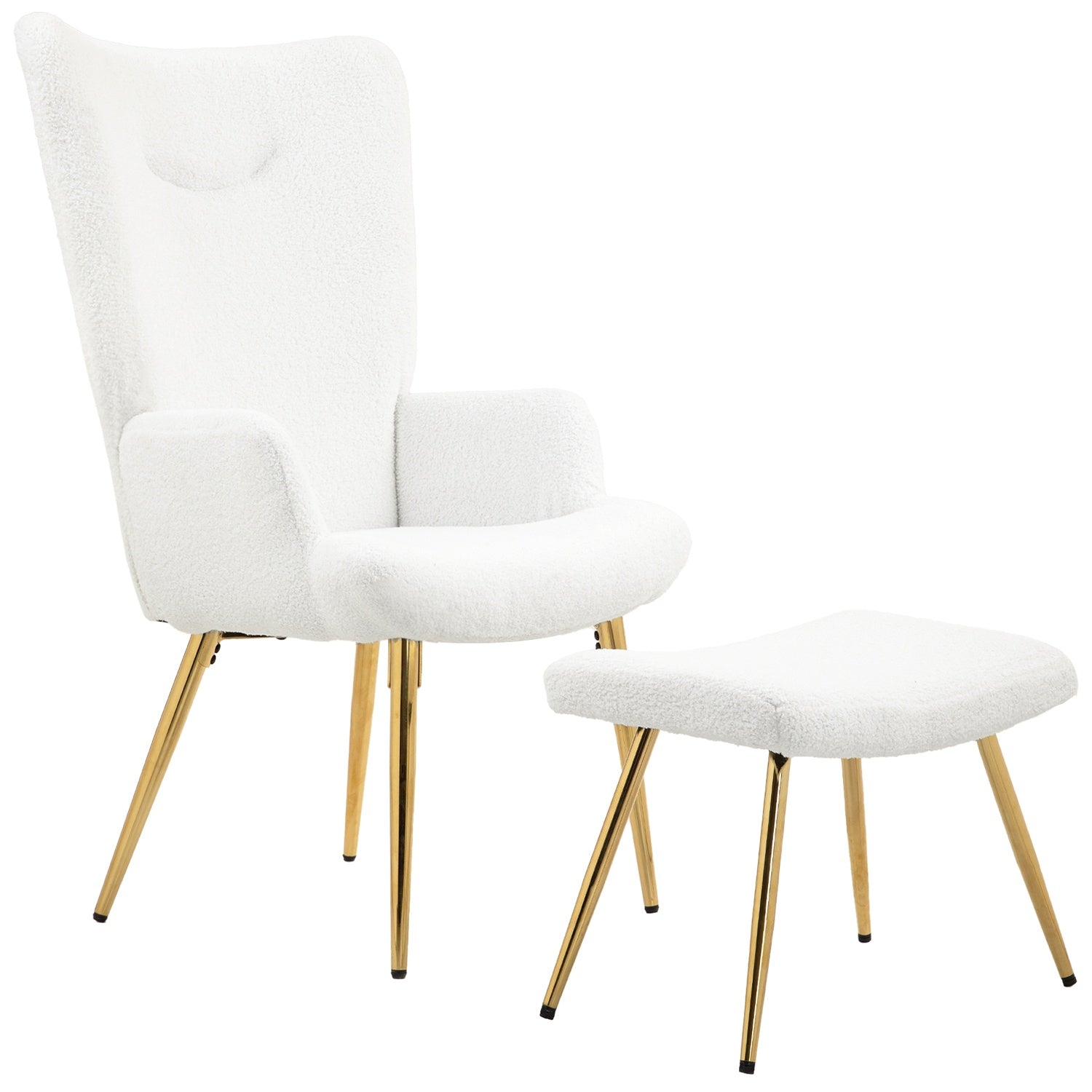 Witte Wing Chair met voetenbank – Sherpa-bekleding, hoge rugleuning
