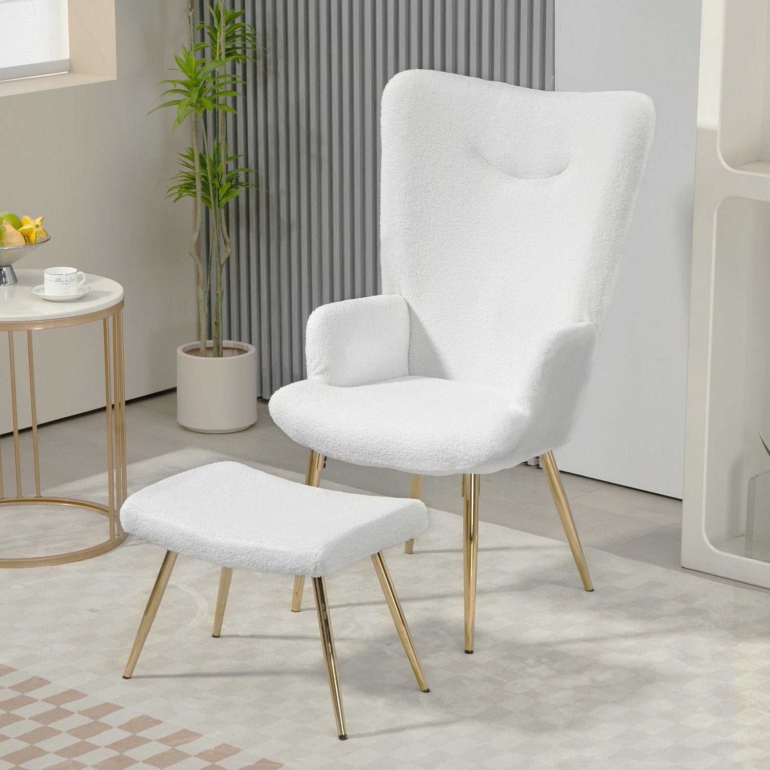 Witte Wing Chair met voetenbank – Sherpa-bekleding, hoge rugleuning