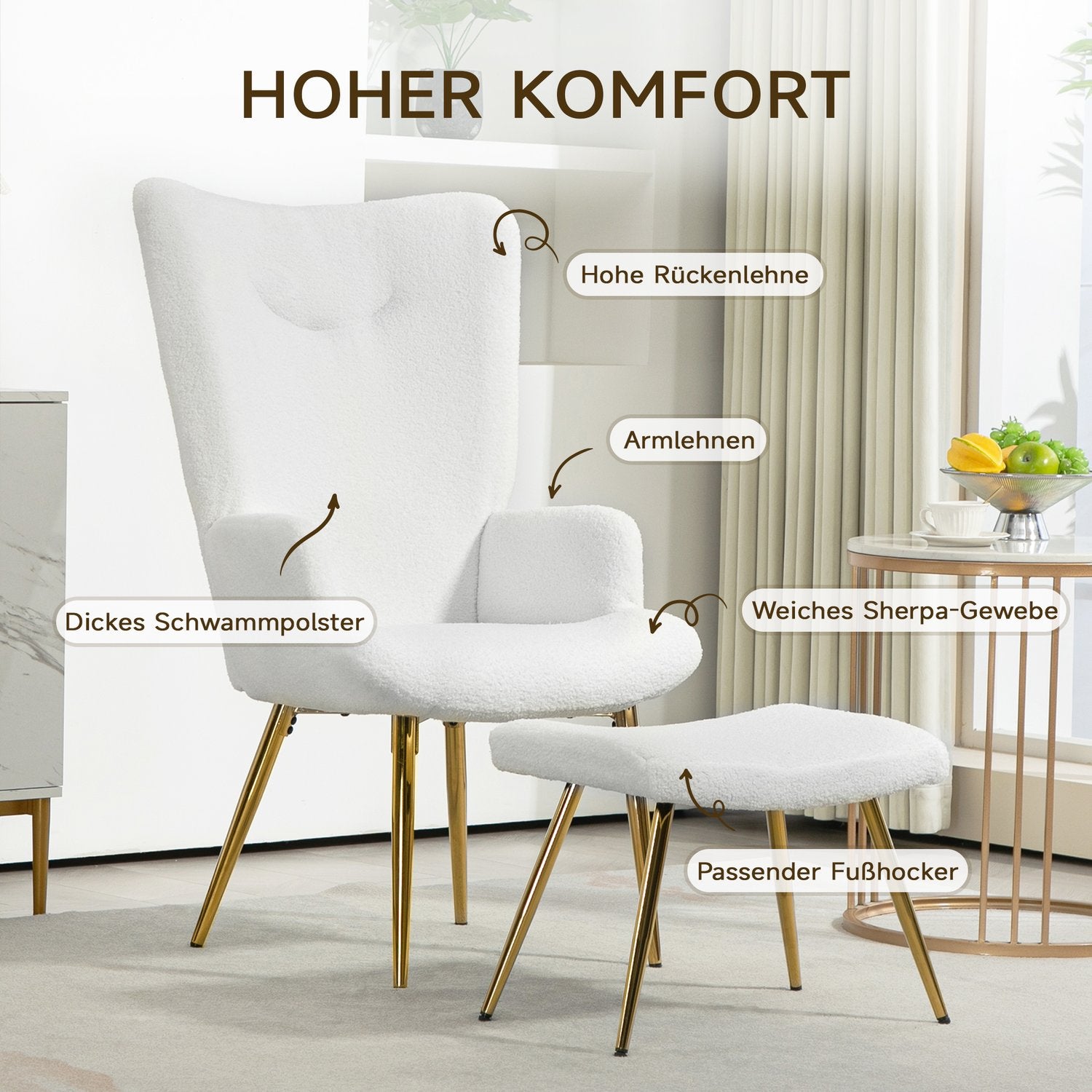 Witte Wing Chair met voetenbank – Sherpa-bekleding, hoge rugleuning
