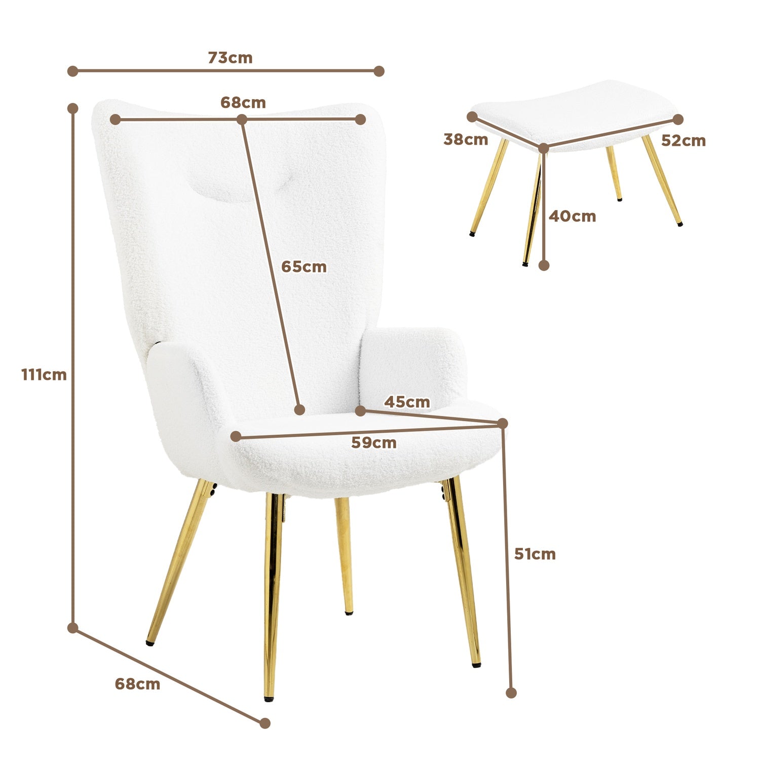 Witte Wing Chair met voetenbank – Sherpa-bekleding, hoge rugleuning