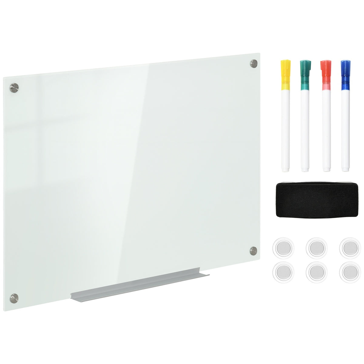 Whiteboard glazen bord, ezels, planken, 90x60cm, 4 pennen