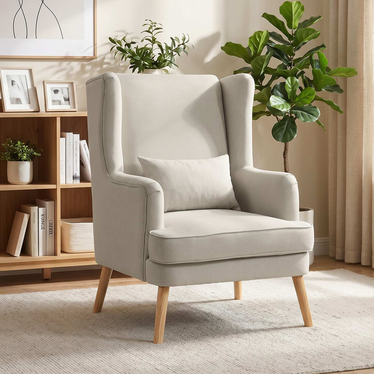 Wingback-accentfauteuil, beige linnenlook, lendenkussen