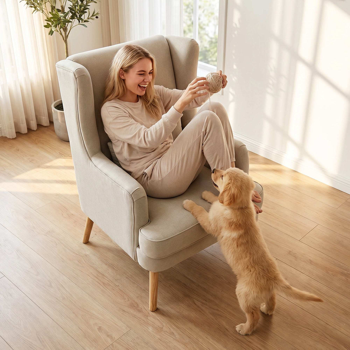 Wingback-accentfauteuil, beige linnenlook, lendenkussen