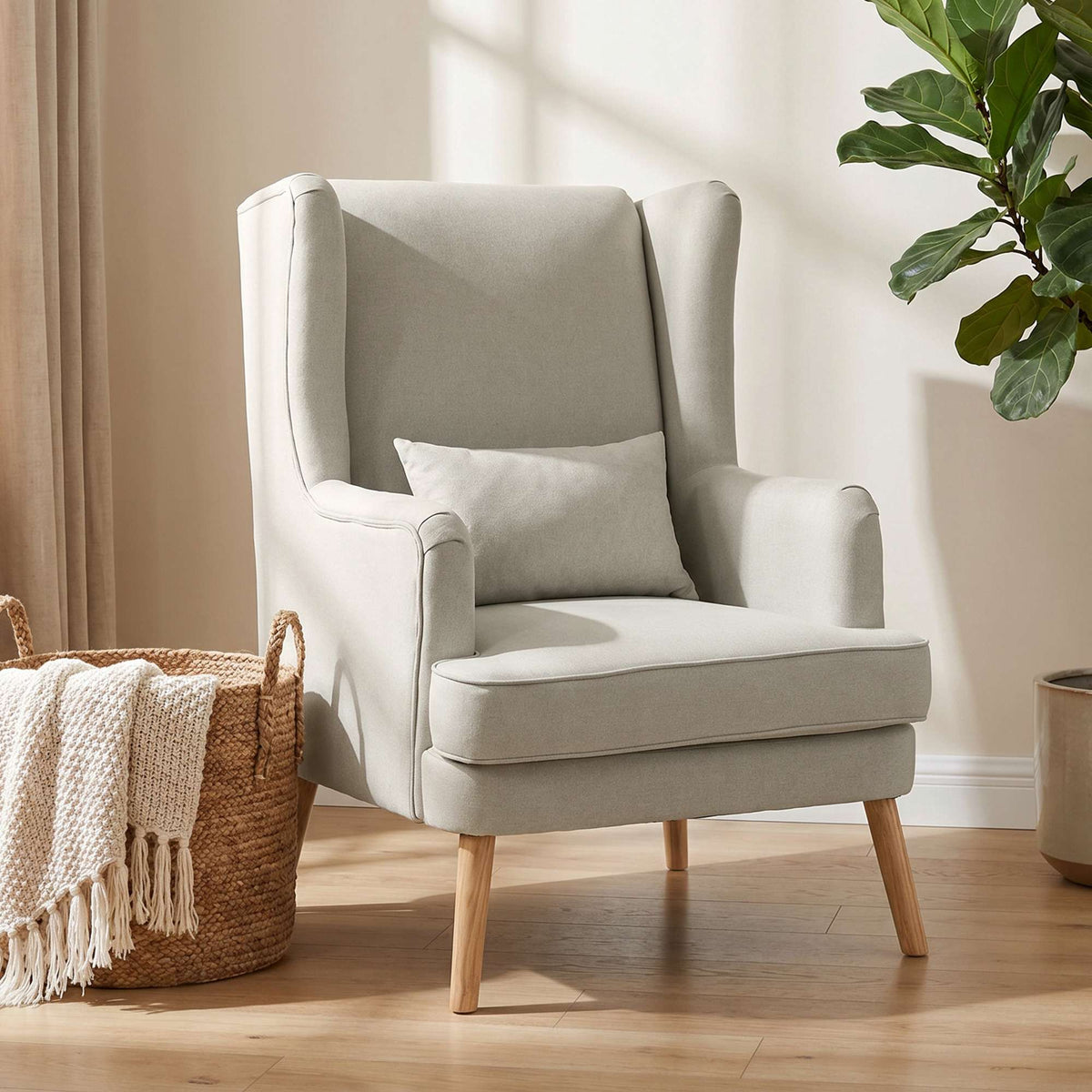 Wingback-accentfauteuil, beige linnenlook, lendenkussen