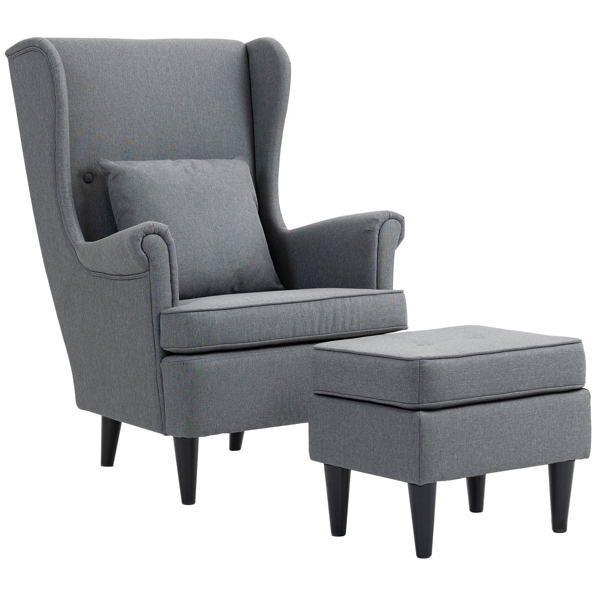 Wingback fauteuil met poef, grijze stof, rubberhouten poten