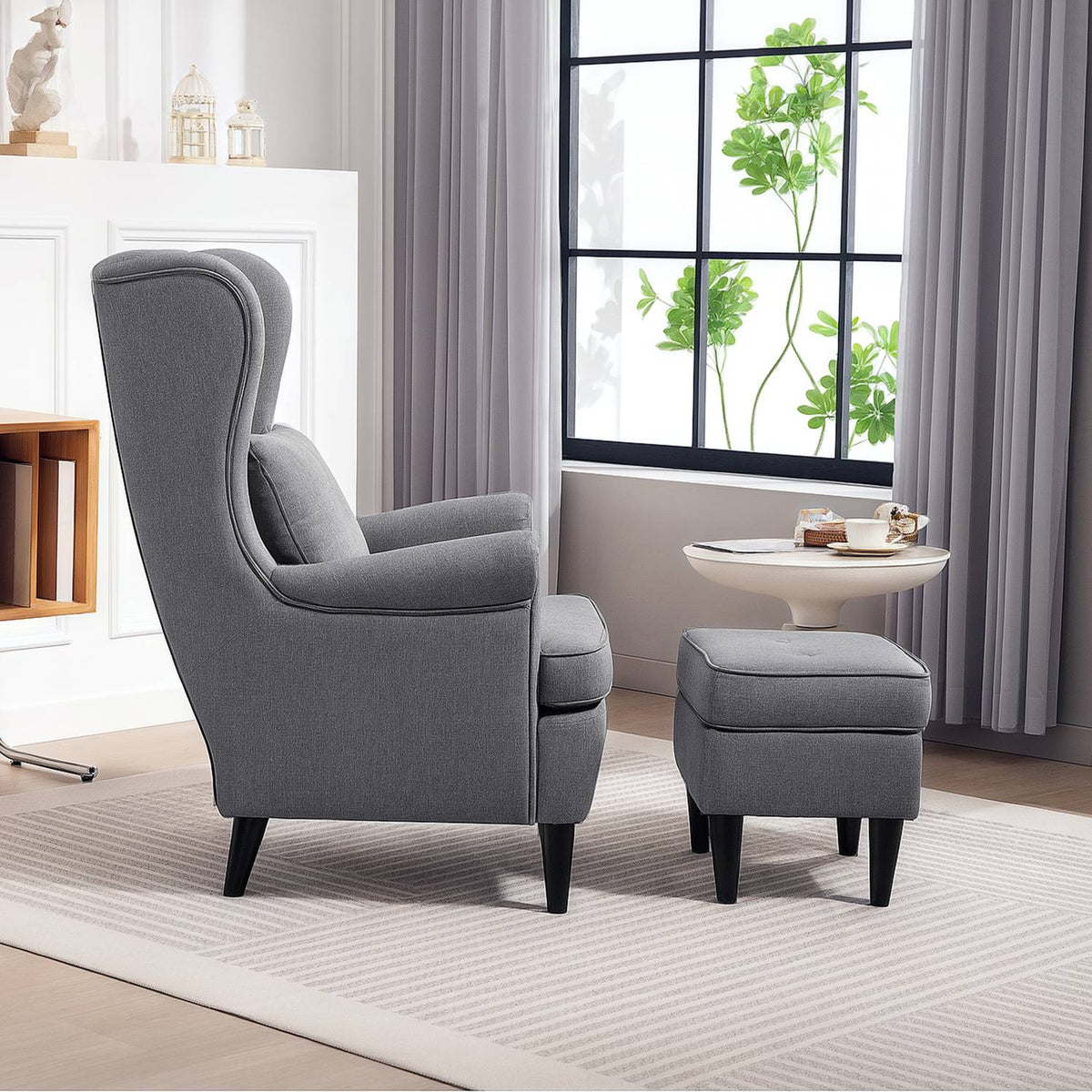 Wingback fauteuil met poef, grijze stof, rubberhouten poten