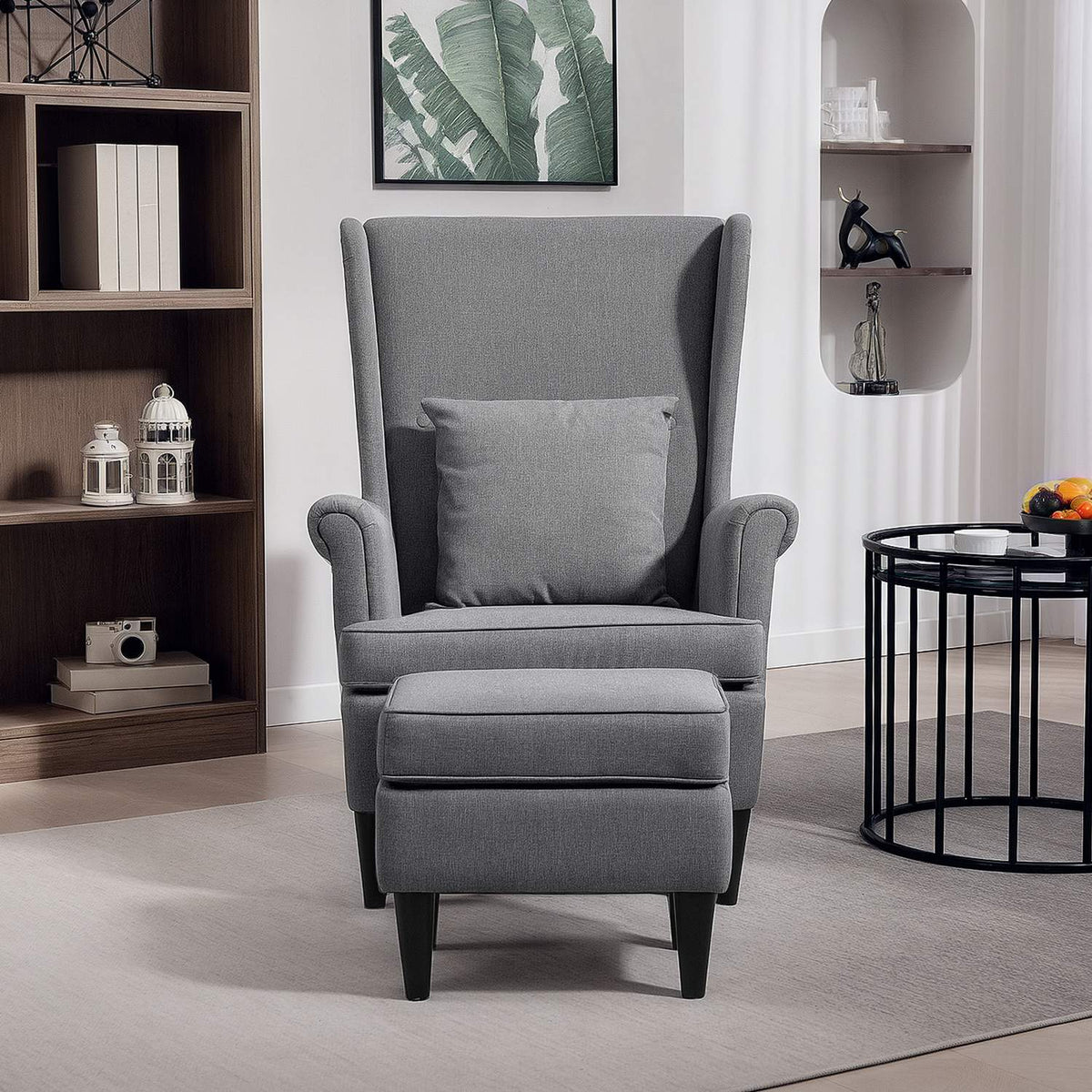 Wingback fauteuil met poef, grijze stof, rubberhouten poten