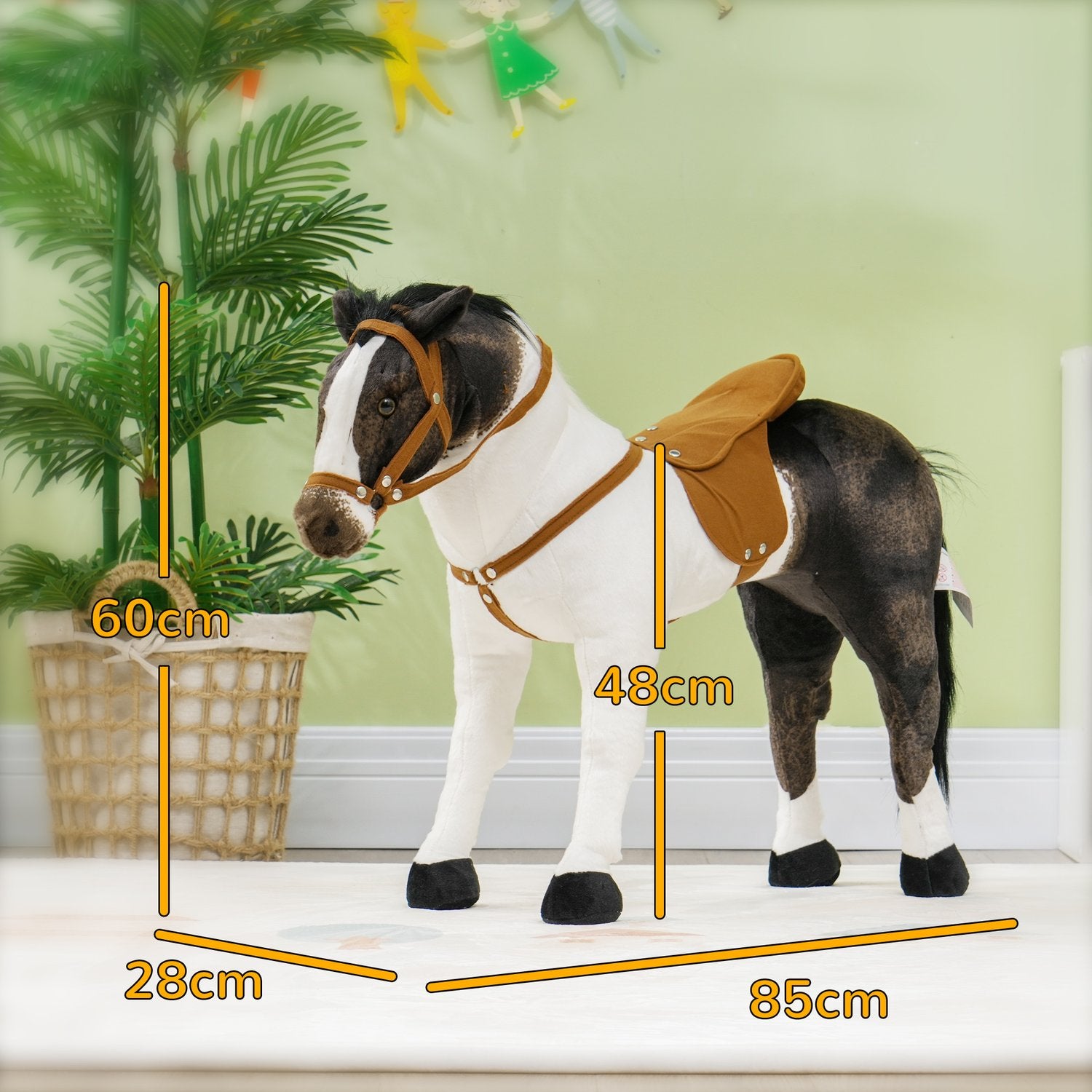 Rijdier met geluid, 48 cm, zadel en hoofdstel, bruin/crème