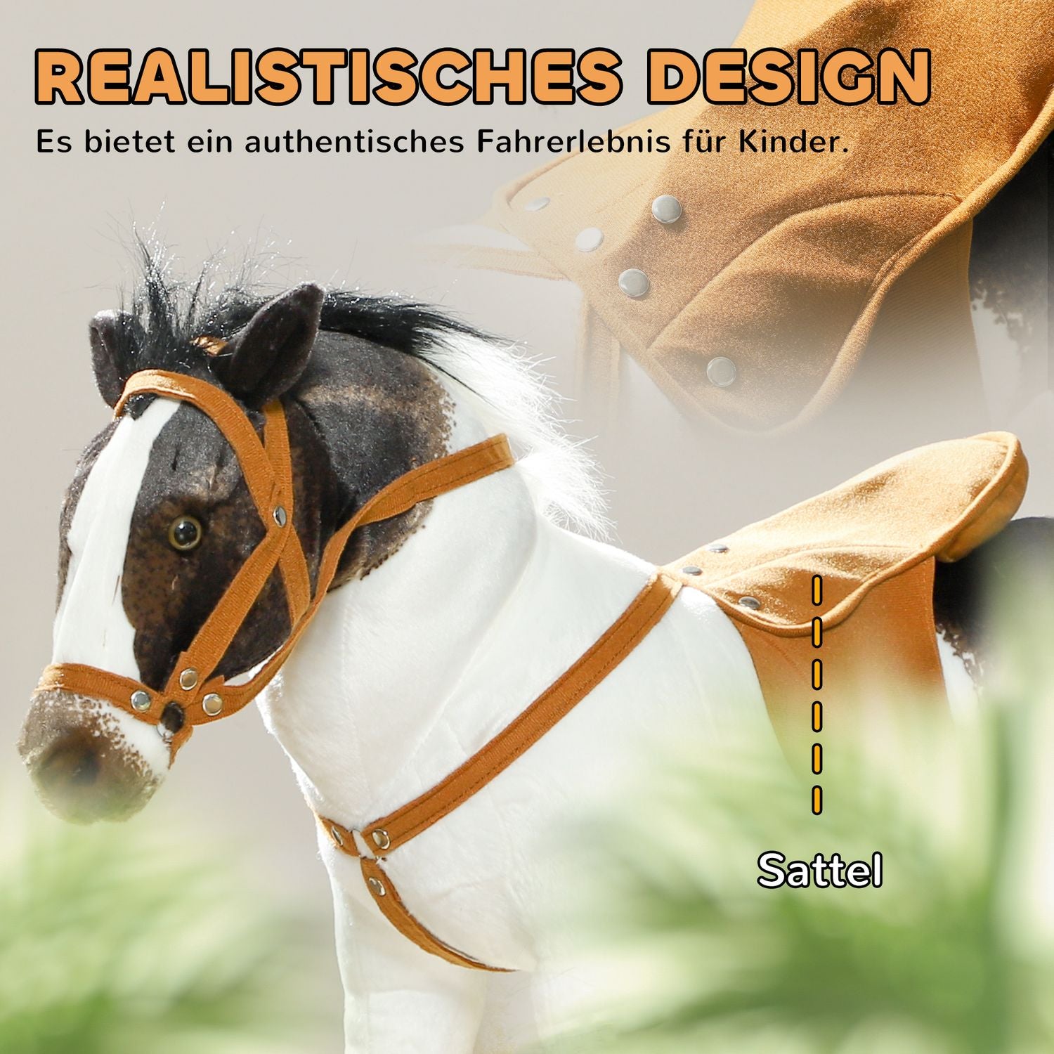 Rijdier met geluid, 48 cm, zadel en hoofdstel, bruin/crème