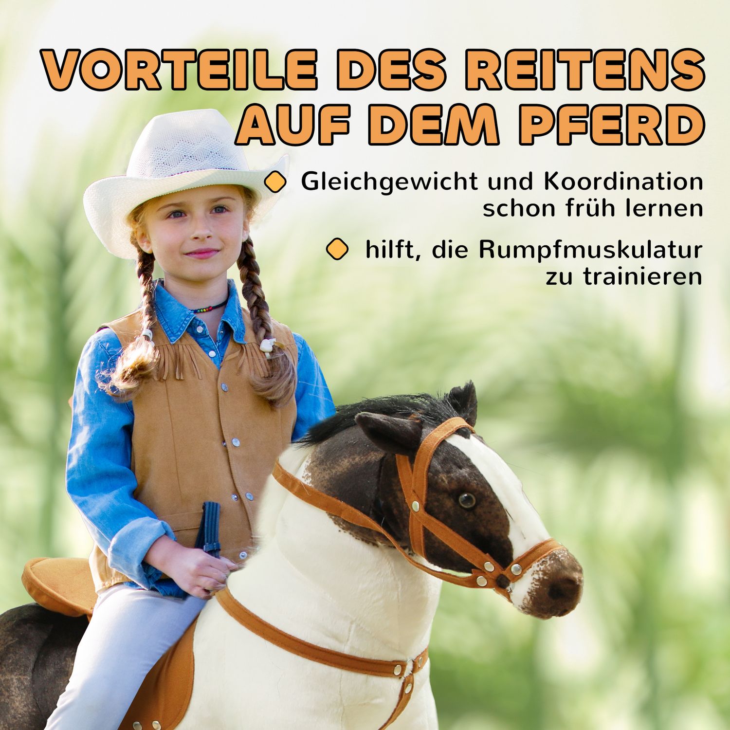Rijdier met geluid, 48 cm, zadel en hoofdstel, bruin/crème